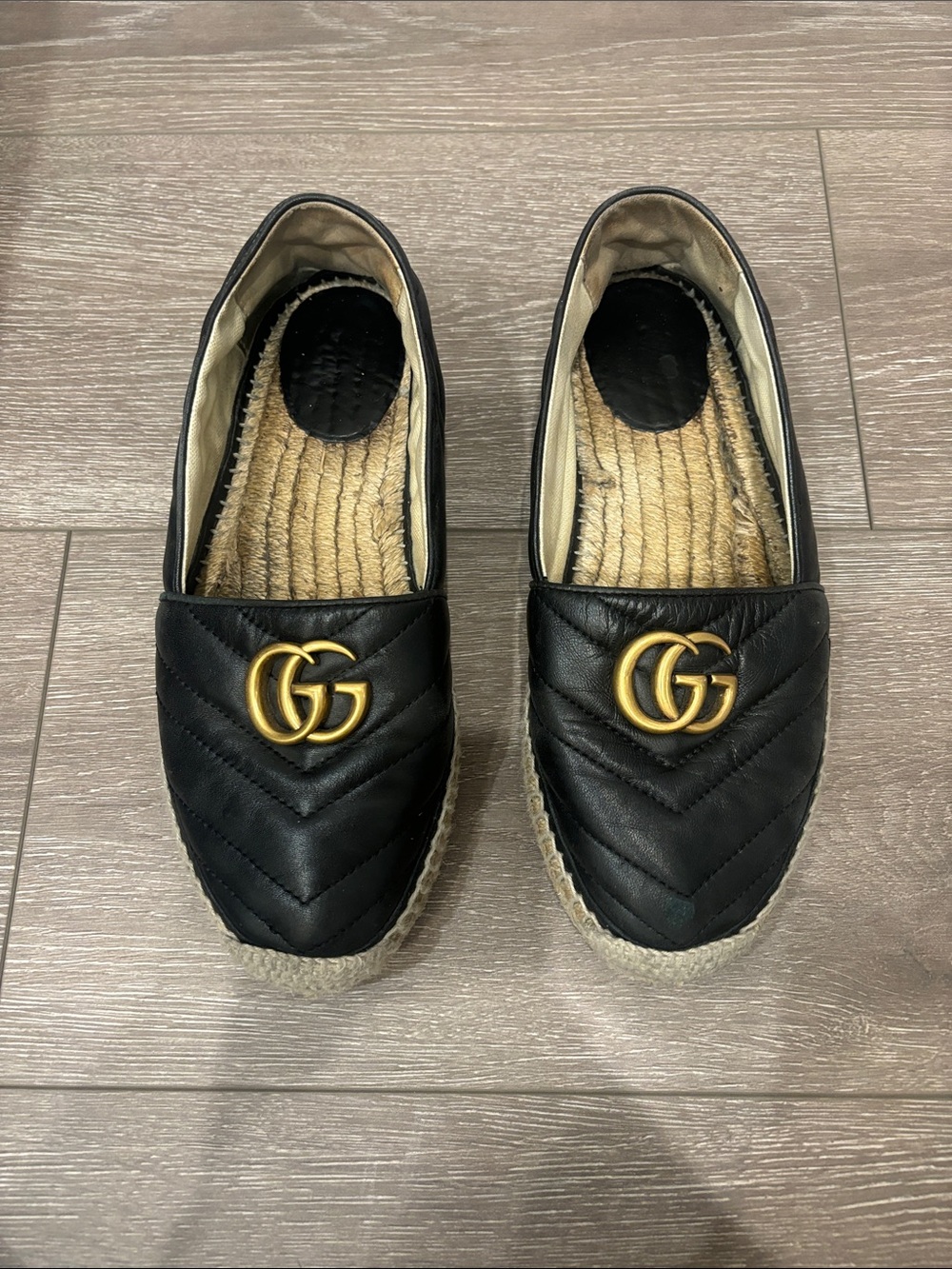 Gucci Black Quilted Leather Espadrille Mules with Gold Double-G Accent